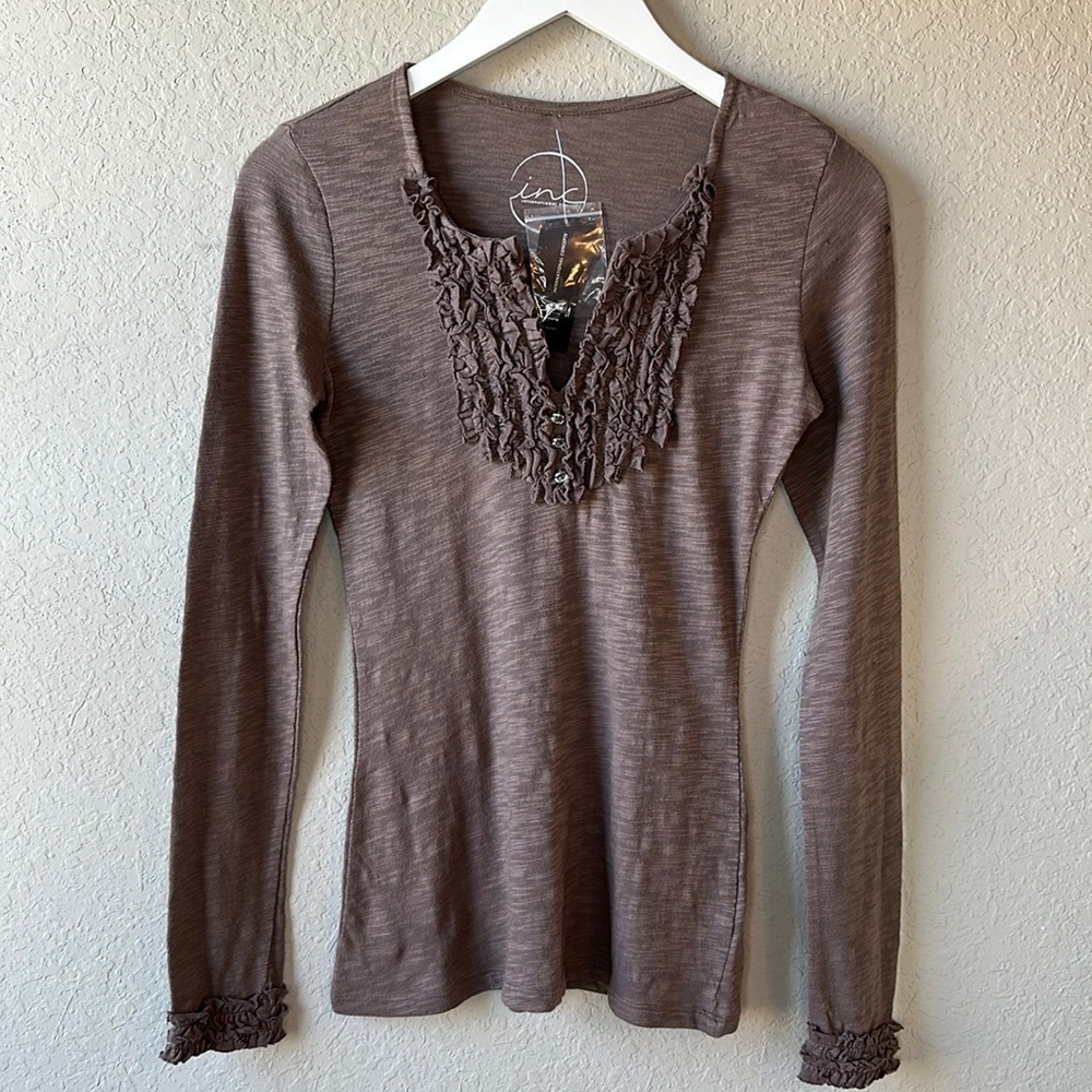 NWT‎ International Concepts Ruffle Front Long Sleeve Shirt Size Small